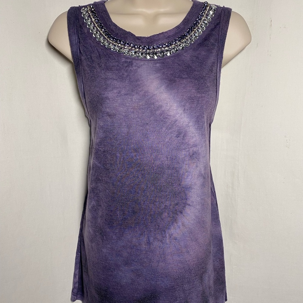 Size S Vocal Sleeveless Embellished Neck Purple Soft Tye Dyed Women's Tank Top